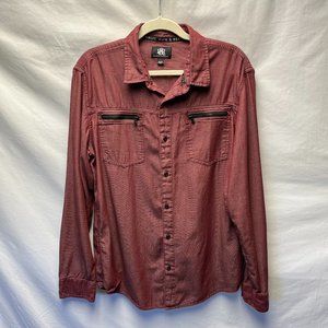 Rock & Republic Burgundy Button Up Long Sleeve Chambray Shirt Zip Pockets Size L